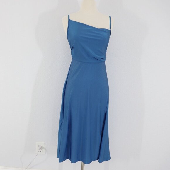 RIHOAS Women's Size XS Blue Asymmetrical Neckline Midi Slip Dress Stretchy - Picture 1 of 8